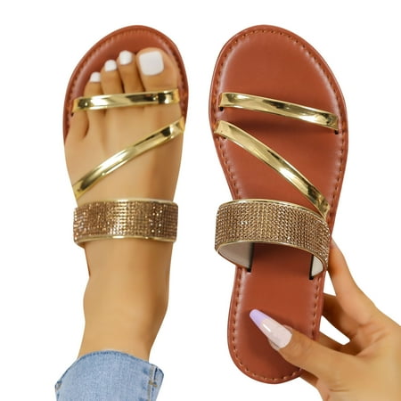 

ZIZOCWA Women Flat Slippers Rhinestone Sandals Summer Thin Strap Casual Home Sandals Slippers Outdoor Beach Slippers Sandale Femme Gold Size7