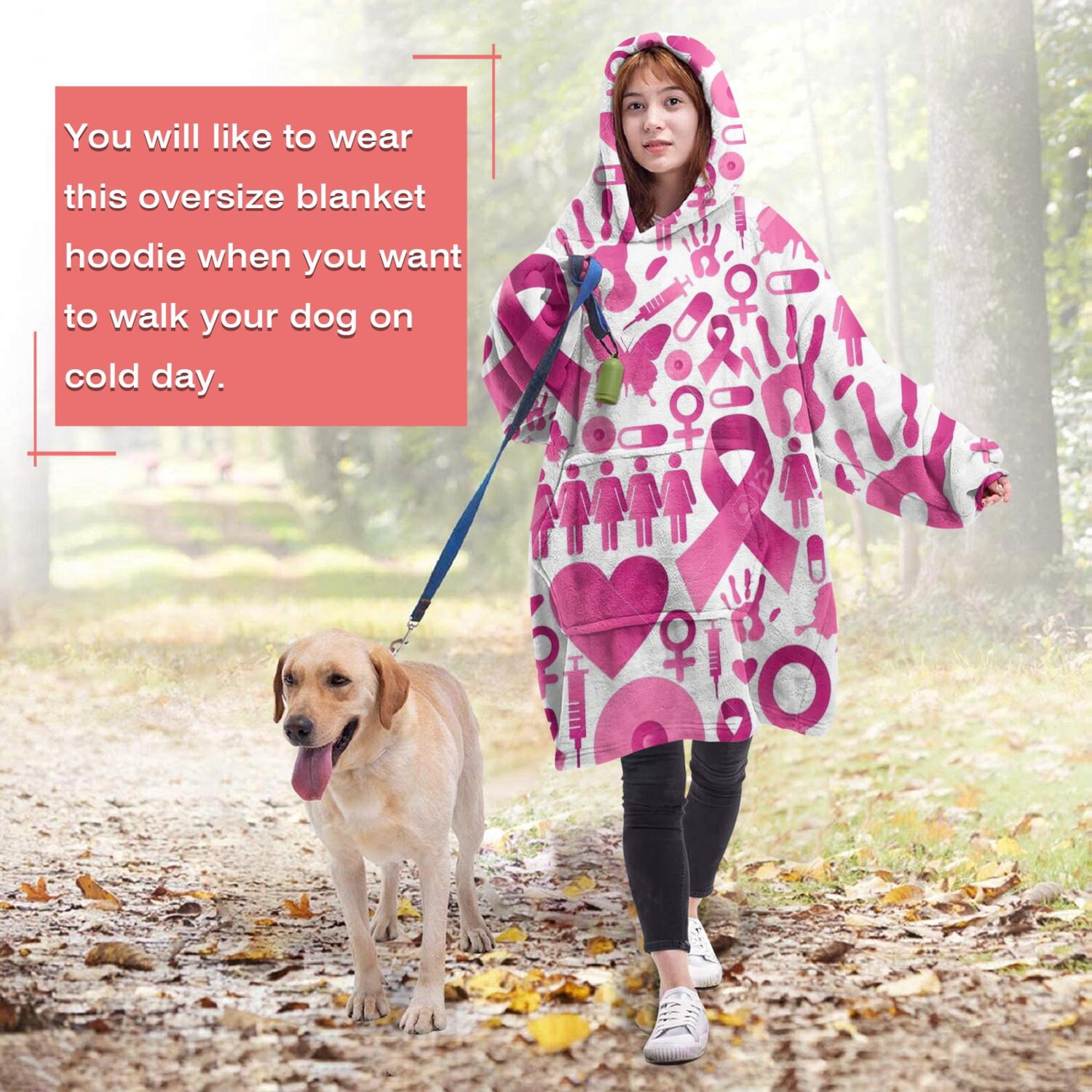 Wearable Oversized Blanket,Pink Breast Cancer Wearable Blanket Hoodie for Adults,Cozy Hooded Blankets with Super Pockets,Super Warm Fuzzy Pullover for Women & Men