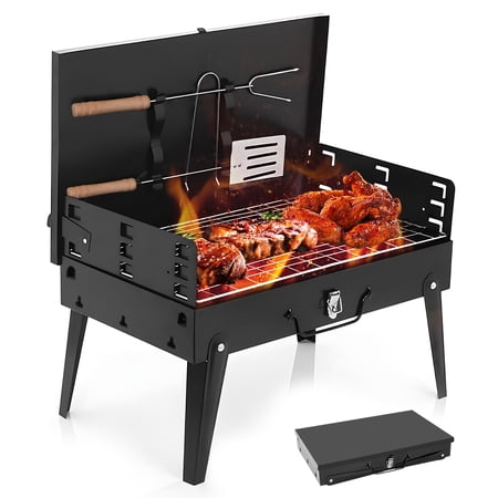 Portable Foldable Charcoal Grill, Compact Outdoor Barbecue Grill with Rotisserie for Camping Backyard Picnic
