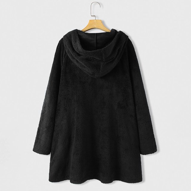 Women Printed Button Plush Tops Hooded Loose Cardigan Wool Coat Winter Jacket