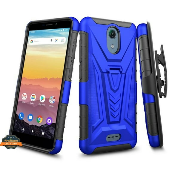 For Cricket Vision 3 Hybrid Armor Kickstand with Swivel Belt Clip Holster Heavy Duty 3 in 1 Stand Defender Shockproof Rugged Phone Case Cover by Xpression [Blue]