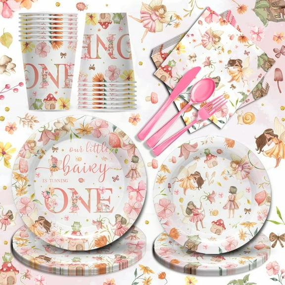 168PCS Fairy Party Supplies for Girls 1st First Birthday Fairies Enchanted Themed Baby Shower Party Decorations Garden flower Tableware Set Paper Plates Napkins Forks for 24 Guests