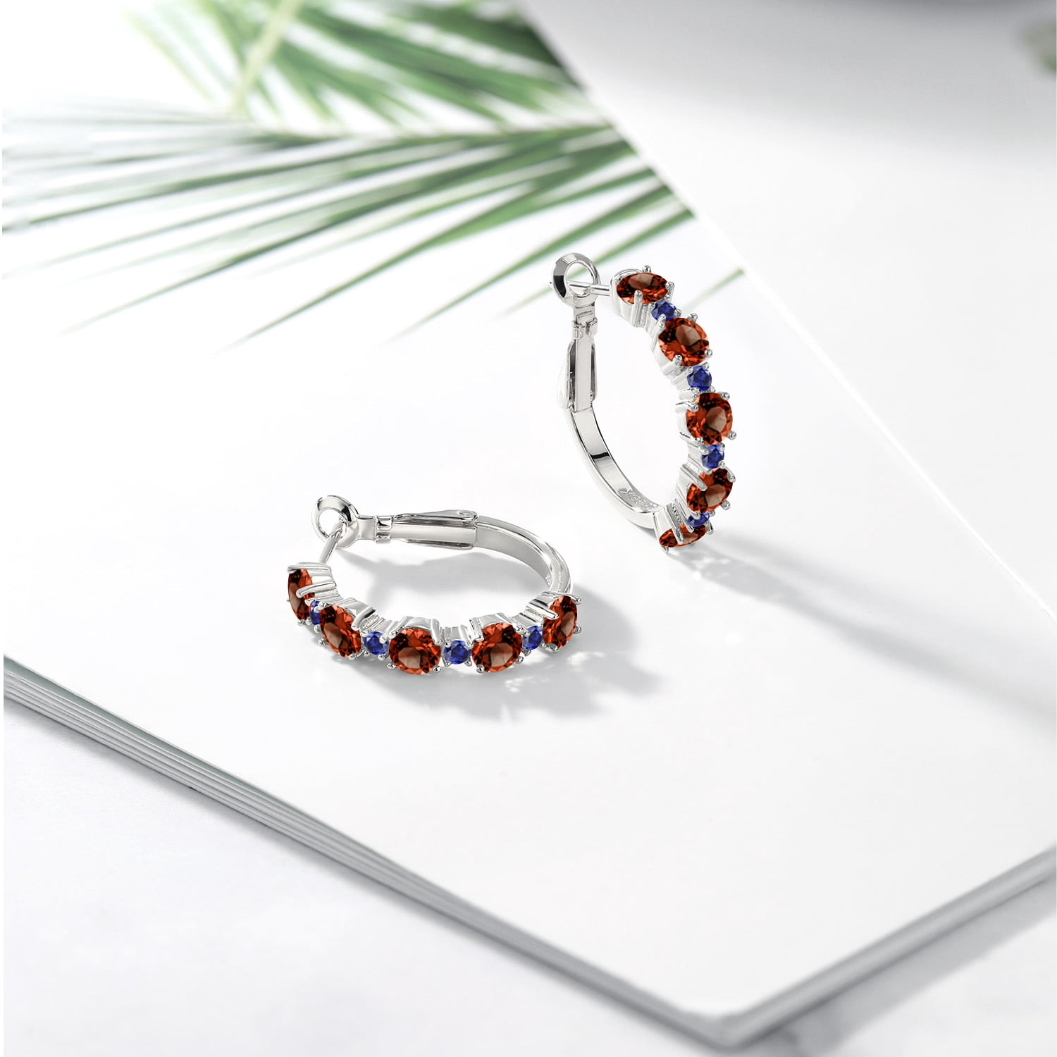 Gem Stone King 925 Sterling Silver Red Garnet and Blue Created Sapphire Hoop Earrings for Women (4.06 Cttw, Round 4MM and 1.9MM, Gemstone Birthstone 1 inch Diameter)