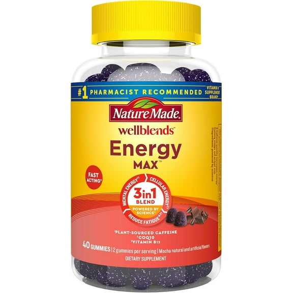 Nature Made Wellblends EnergyMAX Gummies, Fast Acting Caffeine, CoQ10 & Vitamin B12 1000mcg, Energy Support Gummy Vitamins, 40 Gummies
