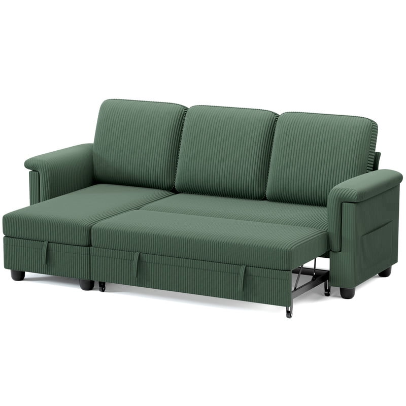 Vineego Corduroy Versatile Sectional Couch, Small Sleeper Sofa with Pull-Out Bed and Storage,Green