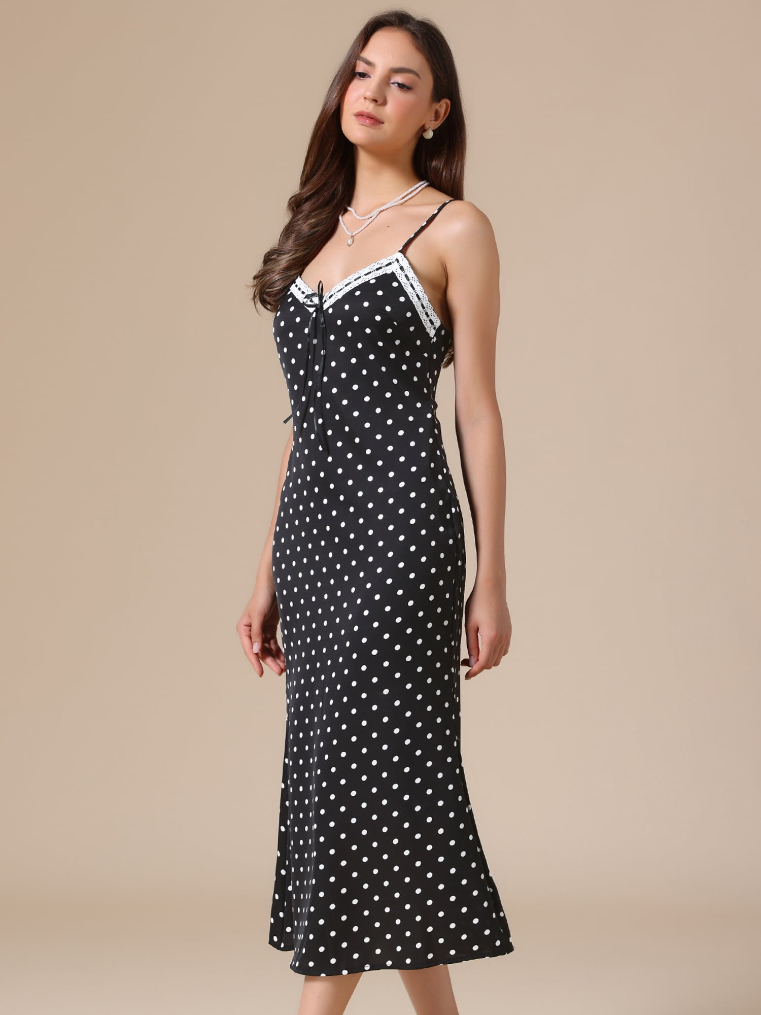 DARING DIVA Women's Polka Dots Sleeveless V Neck Spaghetti Straps Dresses M Black