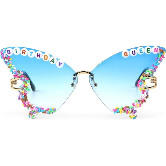 Birthday Glasses for Women, Birthday Party Gifts Butterfly Shape Rimless Birthday Sunglasses for Happy Birthday