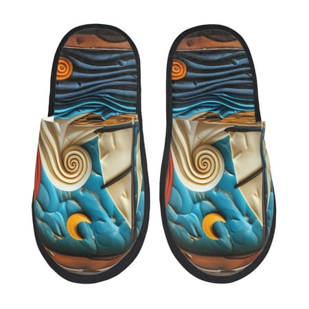 Balery Whimsical Sailboat Ocean Art Slient Indoor Furry Fleece Comfort House Shoes Soft Non-Slip Home Shoes Cotton slippers House Slippers-- Large