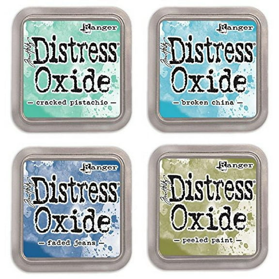 Ranger Tim Holtz Distress Oxide Ink Pads Bundle of 4 Colors - Cracked Pistachio, Broken China, Faded Jeans and Peeled Paint
