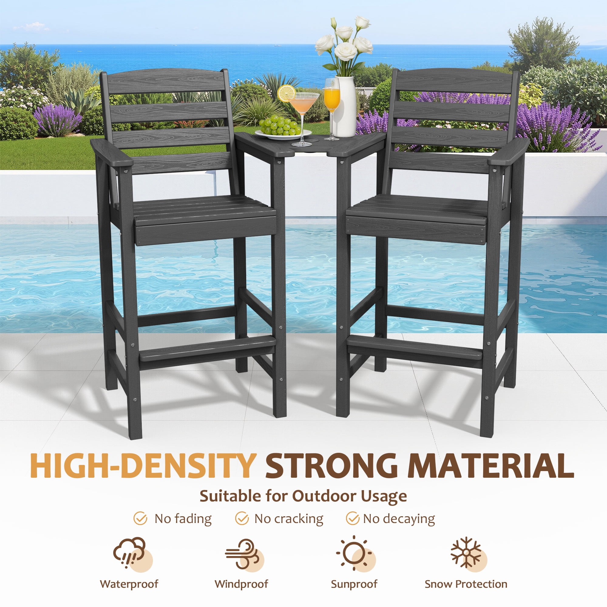 RIAFUN HDPE Height Bar Stools Set of 2 with Removable Connecting Table, Weather Resistant Outdoor Tall Adirondack Chairs with Umbrella Hole for Patio, Poolside, Garden, Gray