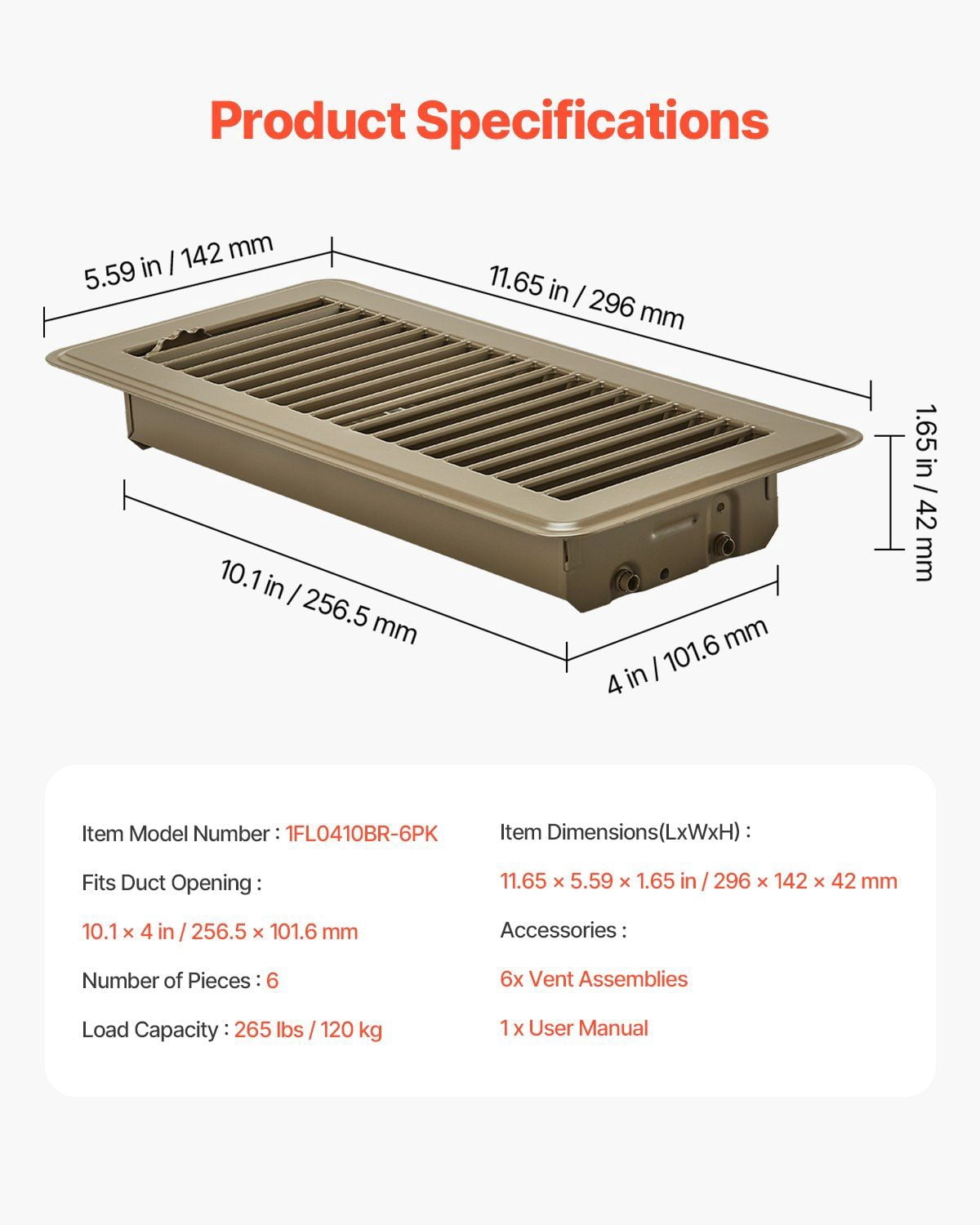6-Pack 4x10 Inch Brown Floor Registers, Heavy Duty Iron HVAC Air Vent Covers for Home Heating & Cooling