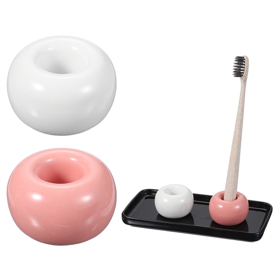 Uxcell Ceramic Toothbrush Holder Set with Tray, Countertop Organizer for Bathroom, Storage for Toothbrushes, Holder Stand for Bathroom Accessories, White/Pink