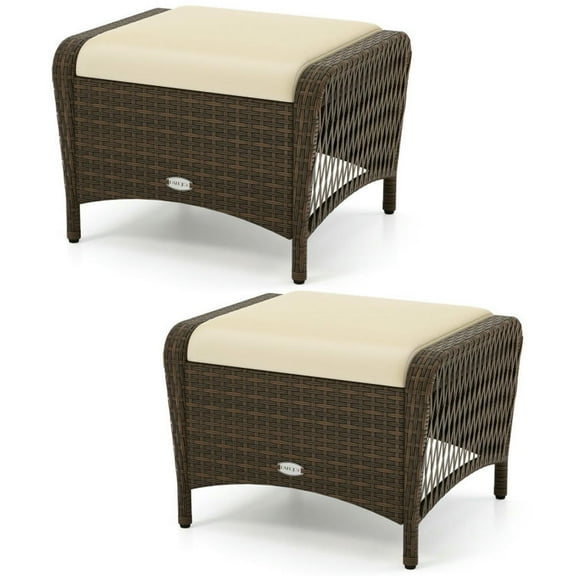 YYAo Footstool Ottoman Seat,Set of 2 Outdoor Patio PE Wicker Ottomans with Removable Cushions-Beige