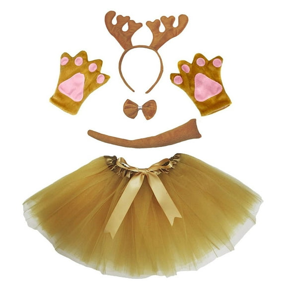 Petitebelle Reindeer Headband Bowtie Tail Gloves Tutu 5pc Costume (Brown, 1-5 Years)