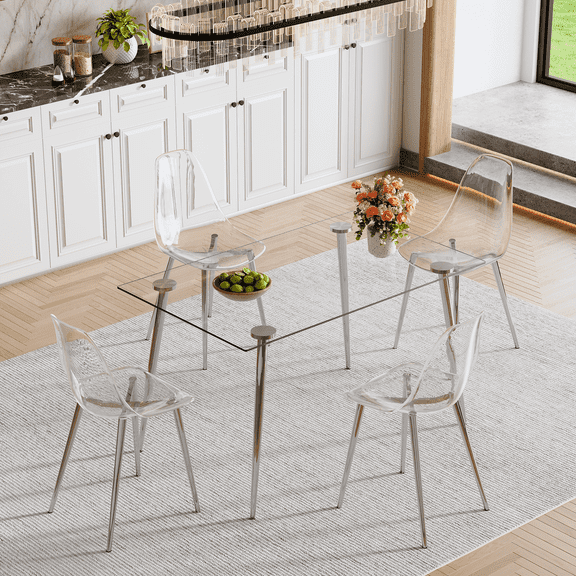 LUFTUT 5-Piece Kitchen Table and Chairs Set for 4, 51" Tempered Glass Dining Table with Metal Legs, 4 Clear Acrylic Chairs, Space-Saving Modern Apartment/Breakfast Nook Set, Easy Clean