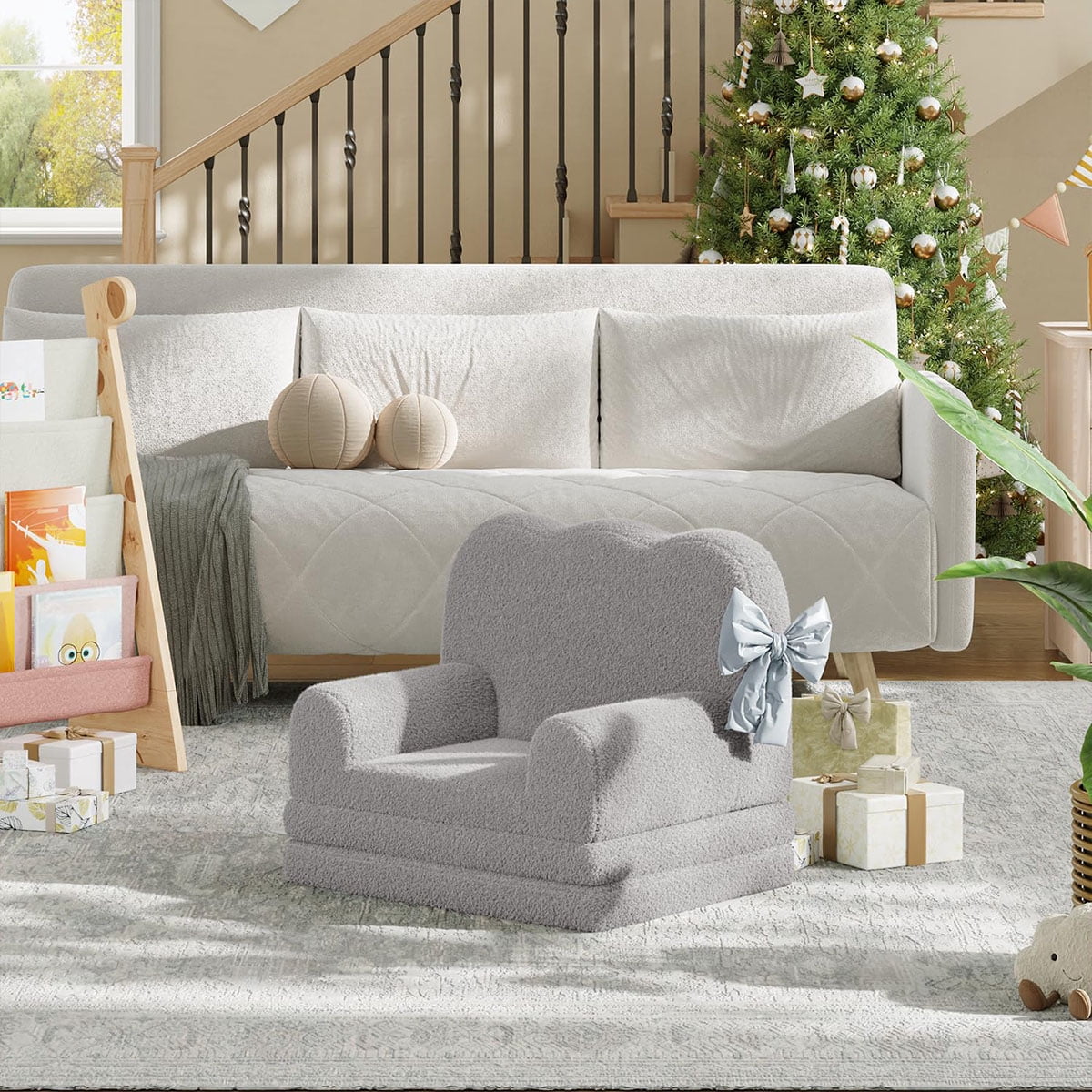 Soonbuy Kids Couch, 2-in-1 Convertible Teddy Fleece Fabric Toddler Sofa Chair, Soft Fold Out Couch Lounger for Kids, Comfy Children's Sofa Bed for Playroom, Nursery, Birthday Gift