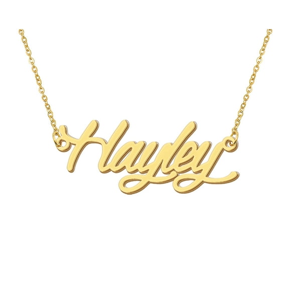 HUAN XUN 18k Gold Plated Hayley Name Necklace Stainless Steel Nameplate Necklaces for Womens Mens Mother Day Christmas Jewelry Gift