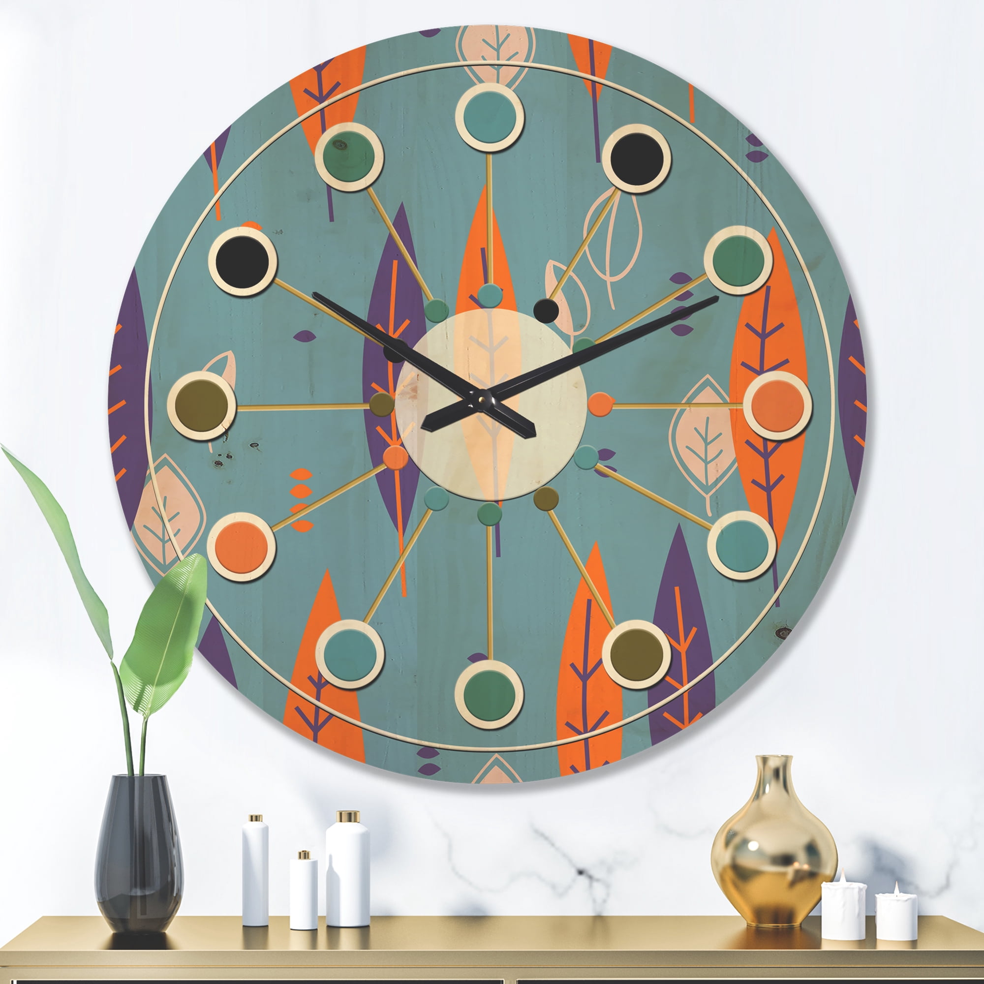 Designart 'Botanical Floral Retro Pattern II' Mid-Century Modern Wood Wall Clock