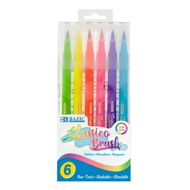 BAZIC Brush Markers 6 Neon Color, Fine Line Washable Coloring Marker