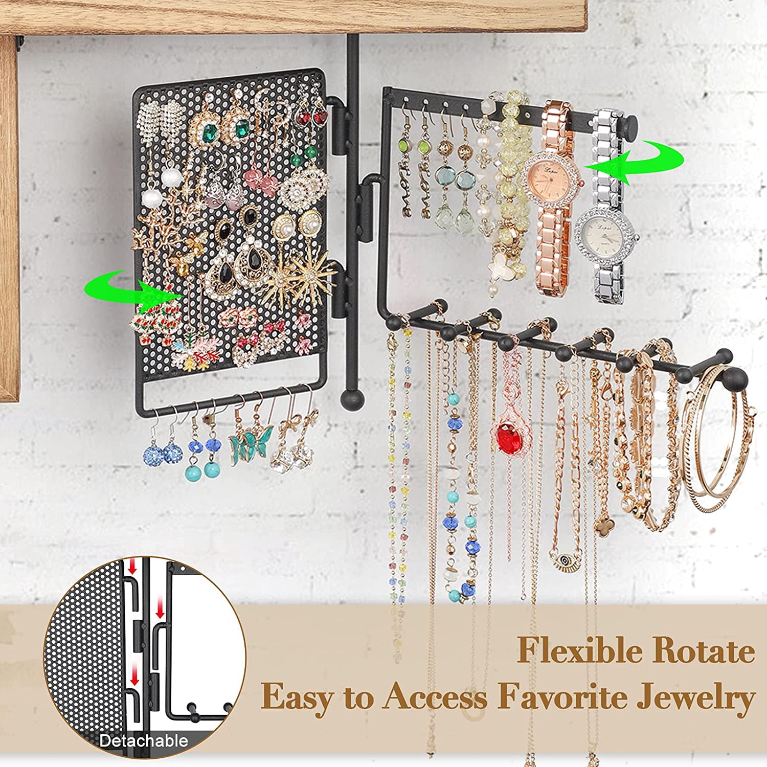 Hanging Jewelry Organizer Wall Mount with Rustic Wood Shelf, Ring Display Box, Ear Studs Earring Holder, Rotating Necklace Holder Organizer