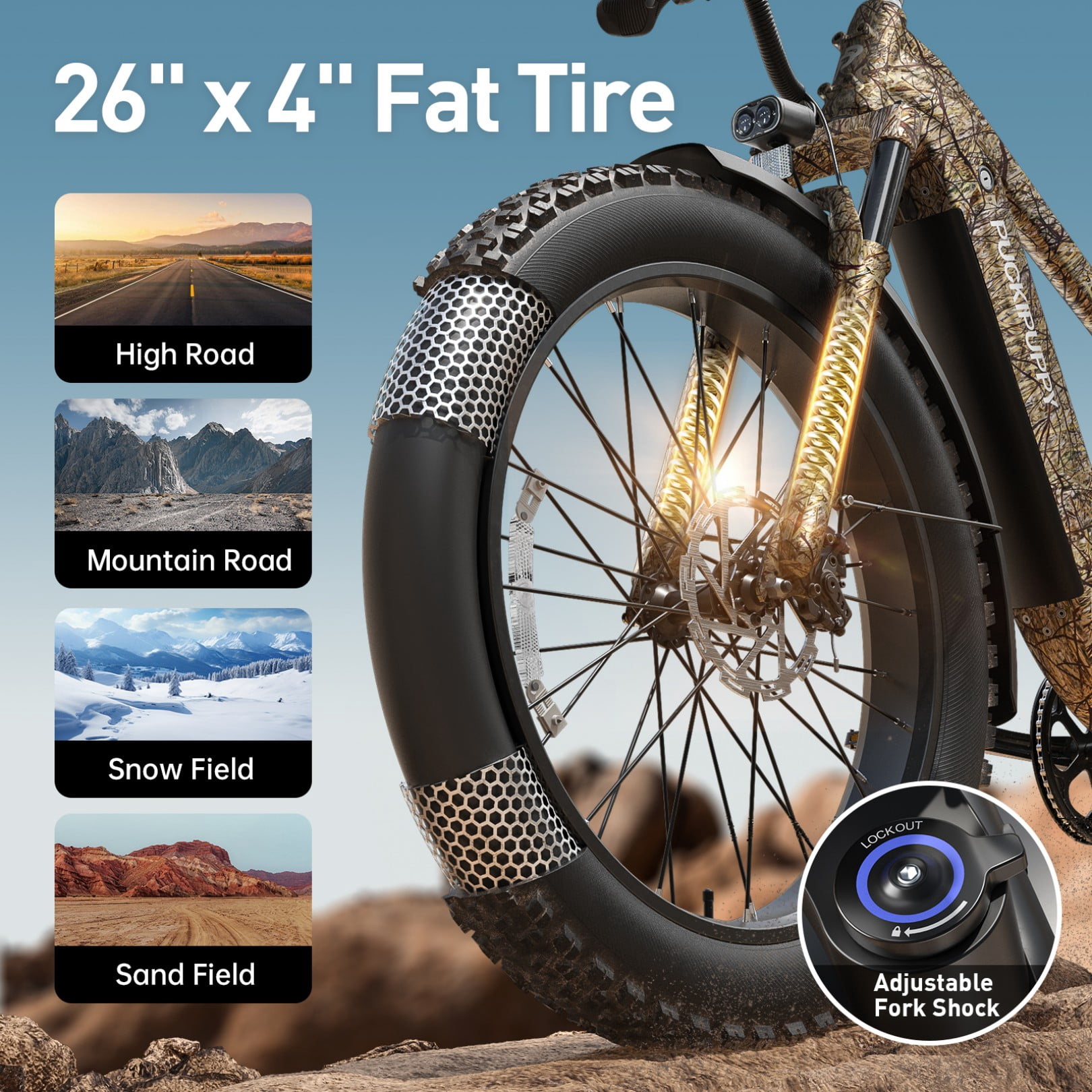 PUCKIPUPPY Electric Bike for Adults 28mph Top Speed 60Miles Max Range 960W Peak 26" Fat Tire Electric Mountain Bike 48V 15AH Removable Battery Ebike 7 Speed off Road E Bike, Comply with UL2849 By SGS