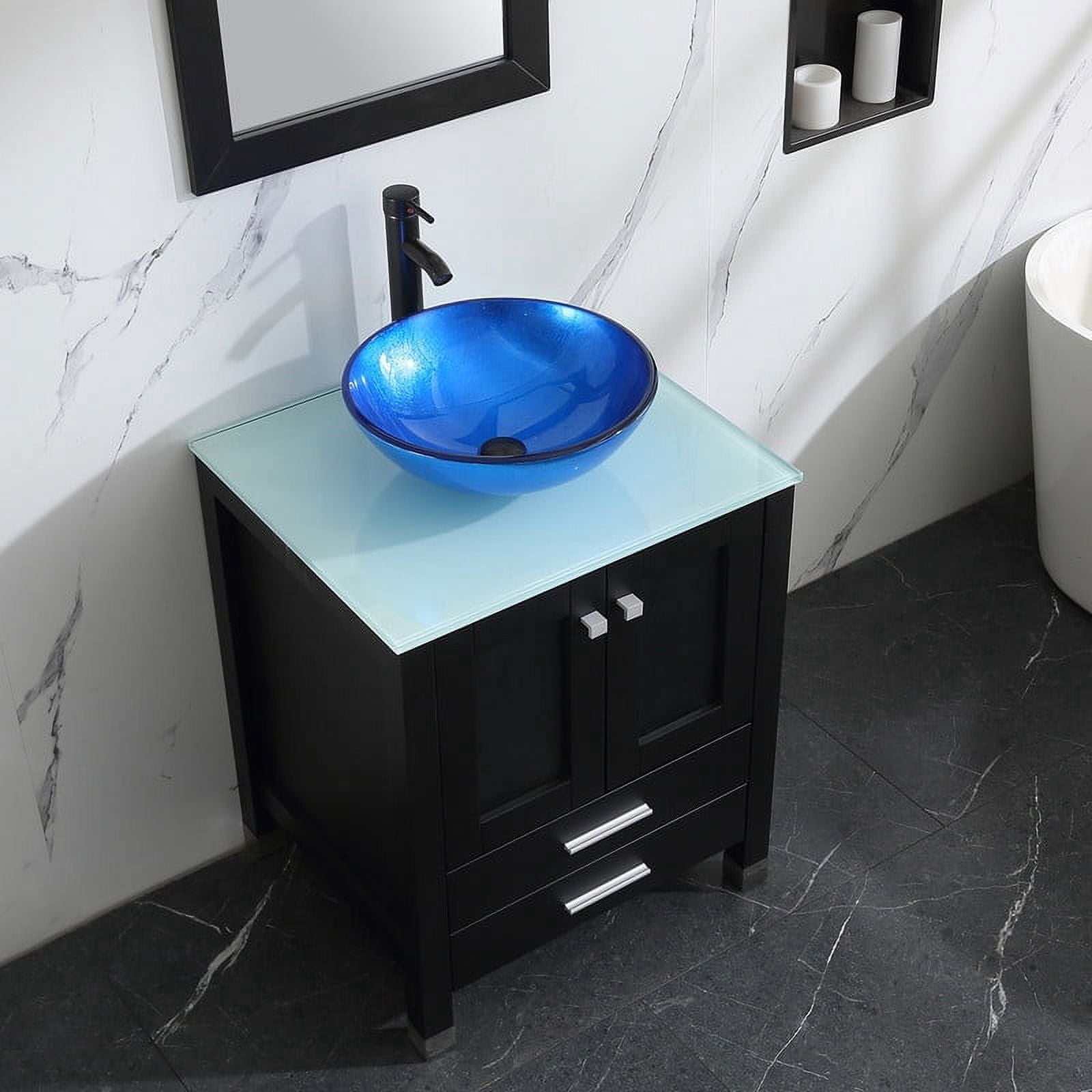 Walsport 24" Luxurious Wood Bathroom Vanity Cabinet Blue Round Vessel Sink Vanity Cabinet Tempered Glass Top w/ Mirror,Black