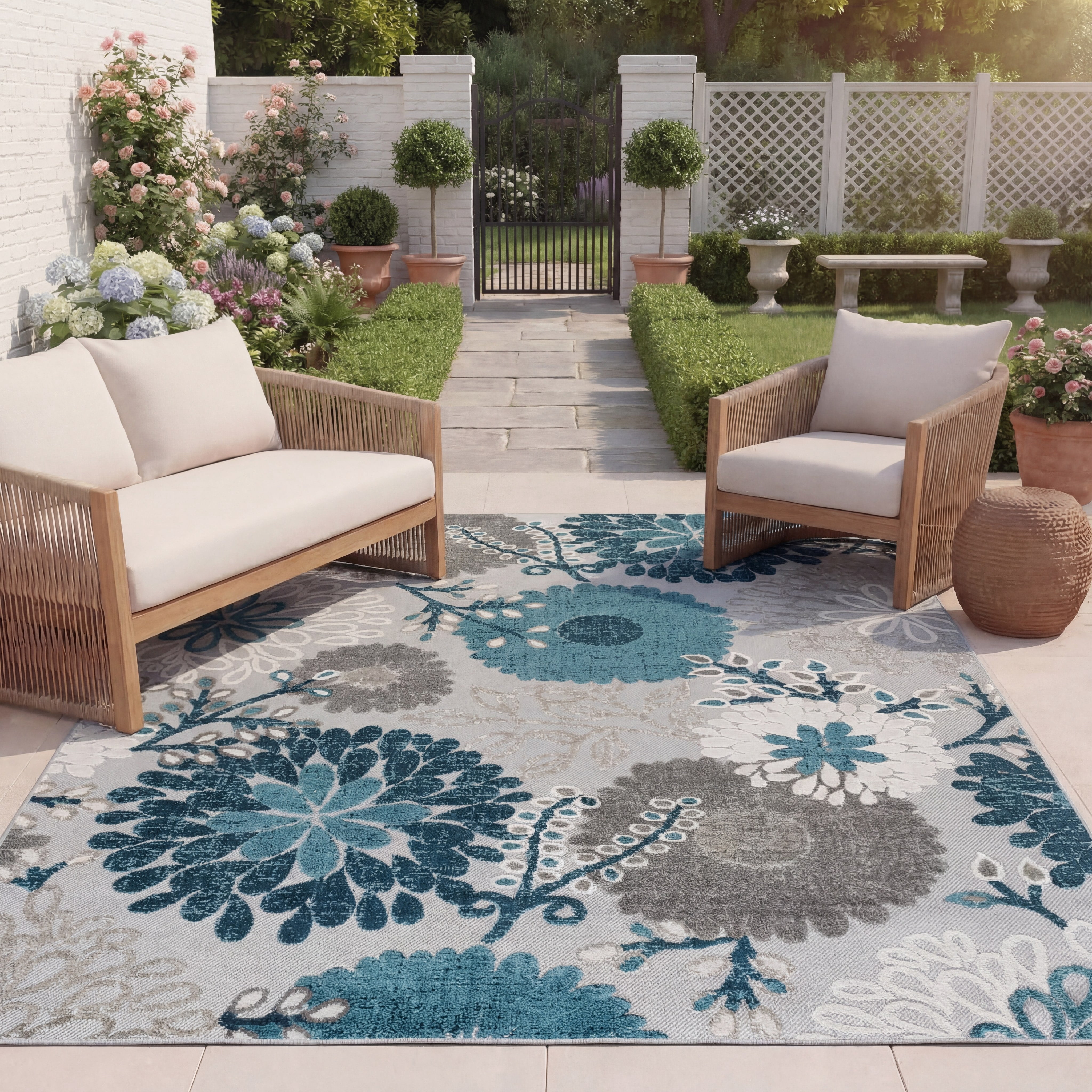 SAFAVIEH Cabana Garnet Floral Indoor/Outdoor Area Rug, Grey/Blue, 6' x 9'