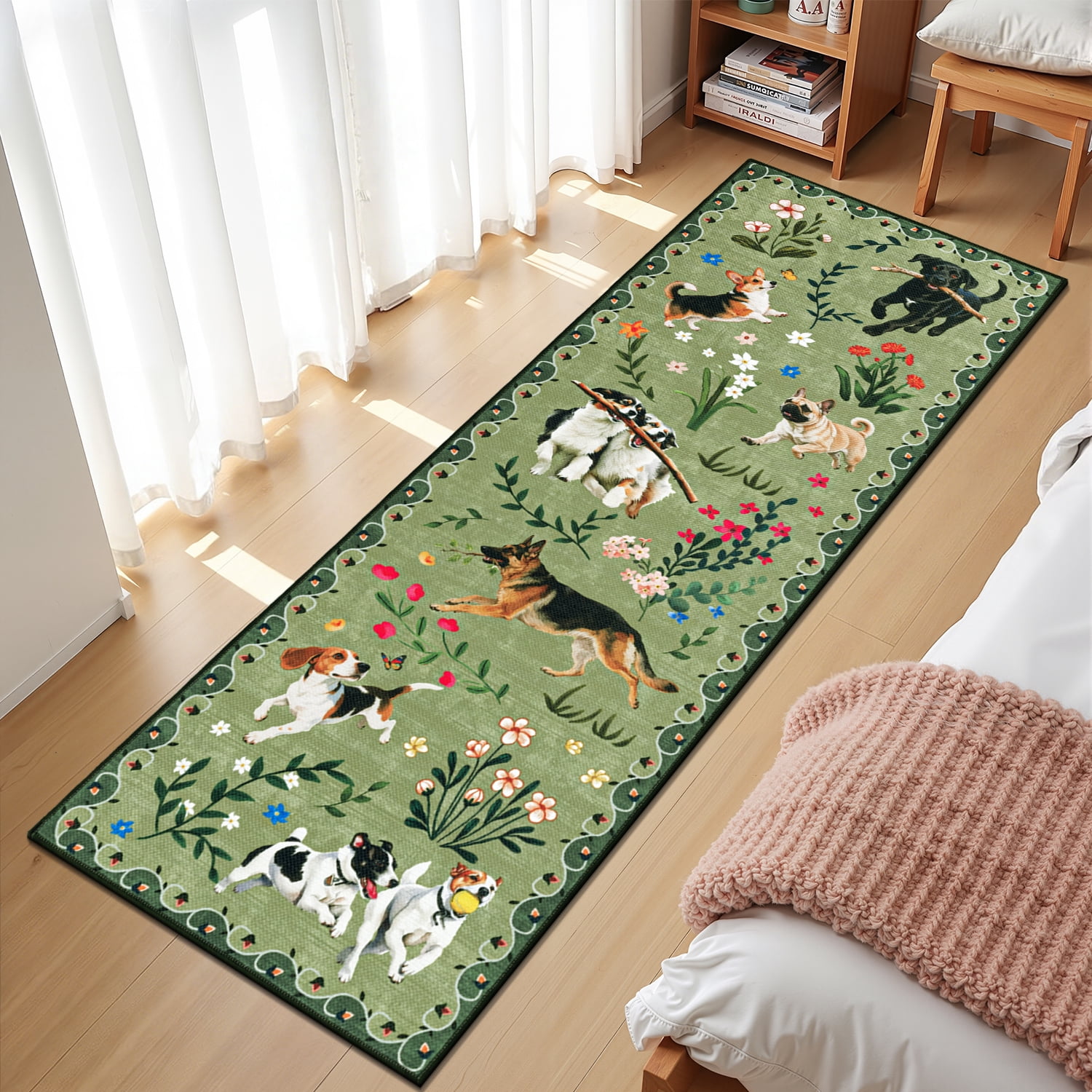 MJIAexp 2'x6' Jute Animal Dog Floral Kitchen Runner Rug,Woven Texture Machine Washable Runner Rug Non-Slip Rubberback Hallway Runner Laundry Rug Throw Carpet for Living Room Bedroom Dining Room Entry