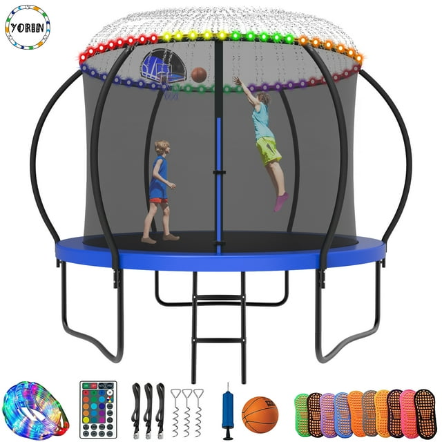 YORIN Trampoline pour 2-3 Enfants, Trampoline de 8 Pi pour Adultes avec Filet d'Enceinte, Panier de Basketball, Échelle, Trampoline Récréatif Extérieur de 800 Lb avec Lumière, Arroseur, Bas, Trampoline Rond Robuste