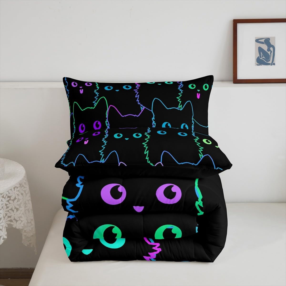 Manfei Cute Cat Full Size Comforter Sets,Cute Kitten Animal Colorful Bedding Sets For Kawaii Cat Lover Reversible 3 Pieces