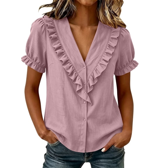 Sevevn Women's V Neck Ruffle Short Sleeve Blouse Imitation Cotton And Linen Puff Sleeve Button Down Casual Shirt Pink L
