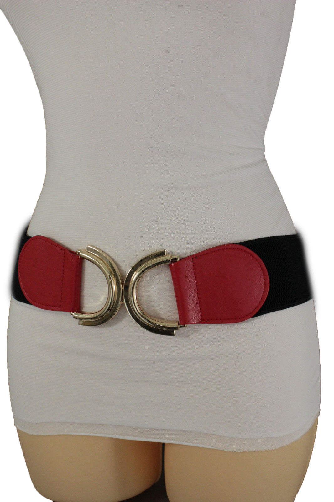 New Women Fashion Belt Red Faux Suede Leather Big Buckle Stretch Waistband S M 