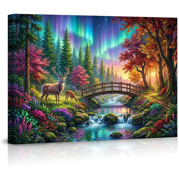 Northern Lights Aurora Borealis Canvas Wall Art Scenic Nature Landscape Prints Enchanted Forest Deer Waterfall Bridge Wall Decor for Living Room Bedroom Artwork