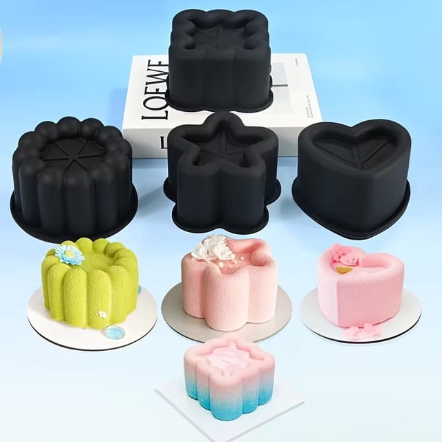 Juego de moldes for hornear de 4 piezas | Molde redondo for pastel de mousse de silicona de una sola cavidad, cuadrado, flor de amor, redondo | Grado alimenticio | Fácil de liberar | Postre Francés