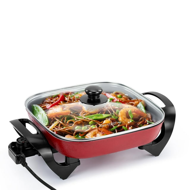 Sartén eléctrica Holstein Housewares de 30 cm - 1400 W con control de temperatura ajustable, revestimiento antiadherente sin PFOA, asas frías al tacto, olla multifunción, color rojo