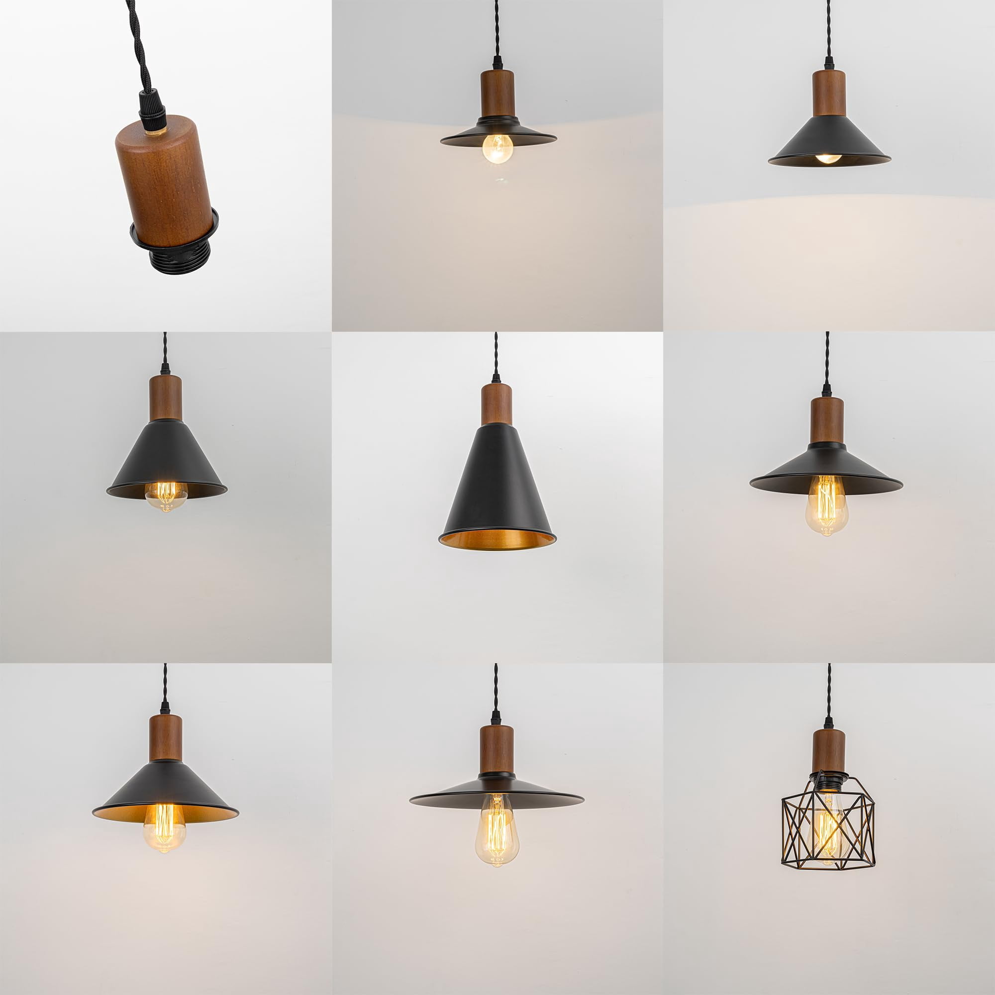 KAYYELAMP Retro Design Track Lighting Fixture Walnut E26 Base Black Metal Dia 10.2" Shade 3.2Ft Adjusted Cord J-Type Track Lamp for Kitchen Bar Counter(No Bulb, Track)