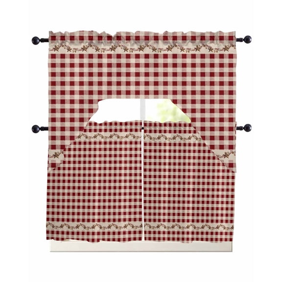 Western Texas Star Retro Swag Kitchen Curtains Sets for Windows 24 Inch Length, Country Vintage Red Beige Plaid Short Window Curtain Panels Swags Valances and Tiers 3 Piece Set for Cafe/Dining Room