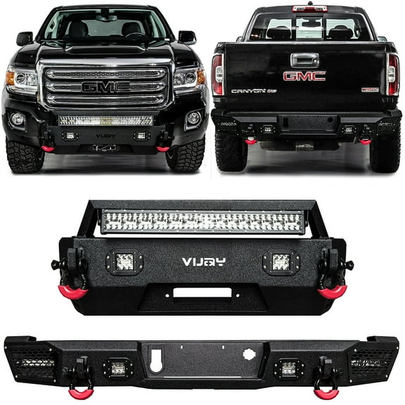 Vijay Compatible with 2015-2016-2017-2018-2019-2020 GMC Canyon Front and Rear Bumper Textured Black Steel with 7xLights and 4xD-rings
