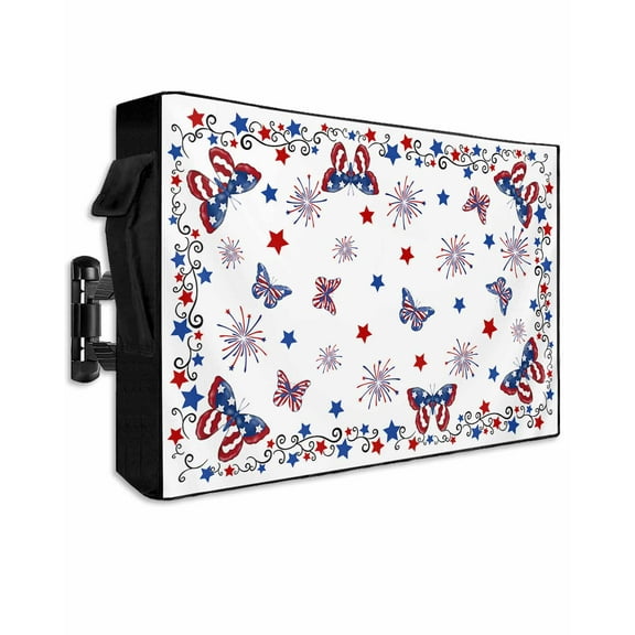 Blue Red 4th of July Outdoor TV Cover 48 to 50 Inch Weatherproof, Independence Day Fireworks Butterfly 600D Oxford TV Covers with Waterproof Zipper, Outside Flat TV Screen Protector 48"Wx30"Hx4.5"D