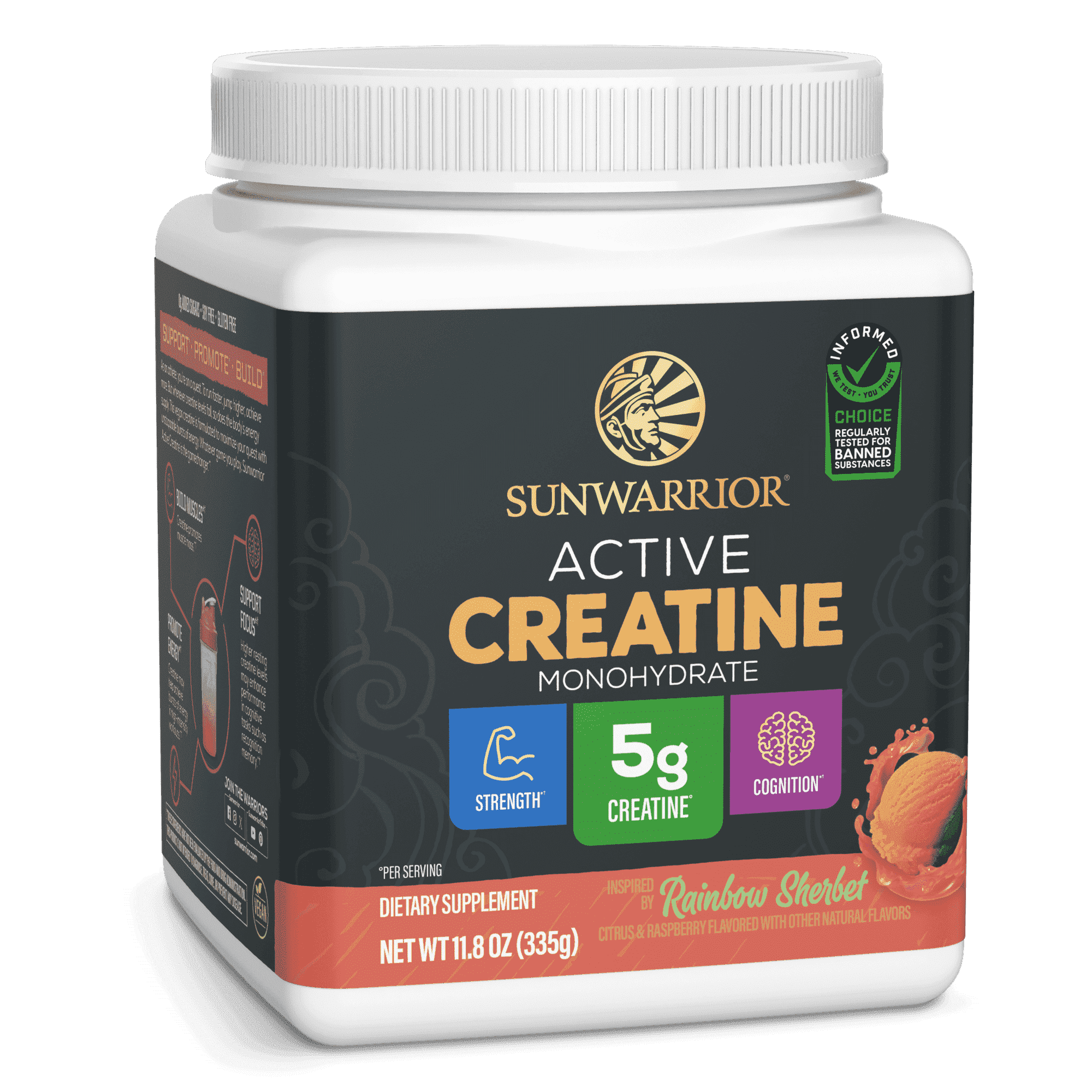 Sunwarrior Active Creatine Monohydrate Powder, Vegan Muscle Support Supplement, Rainbow Sherbet, 11.8 oz