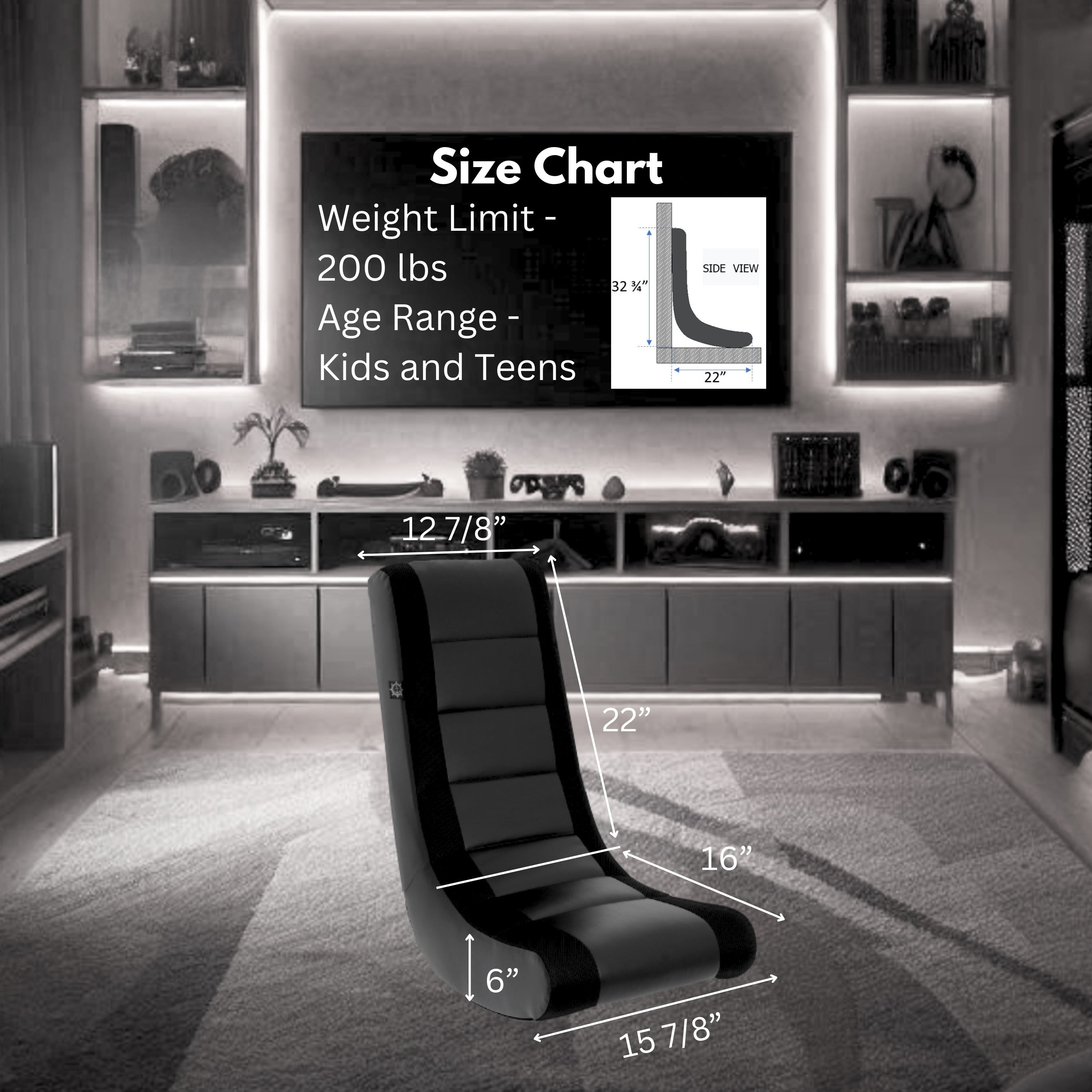 The Crew Furniture Classic Video Rocker Floor Gaming Chair, Kids and Teens, PU Faux Leather & Polyester Mesh, Black/Black