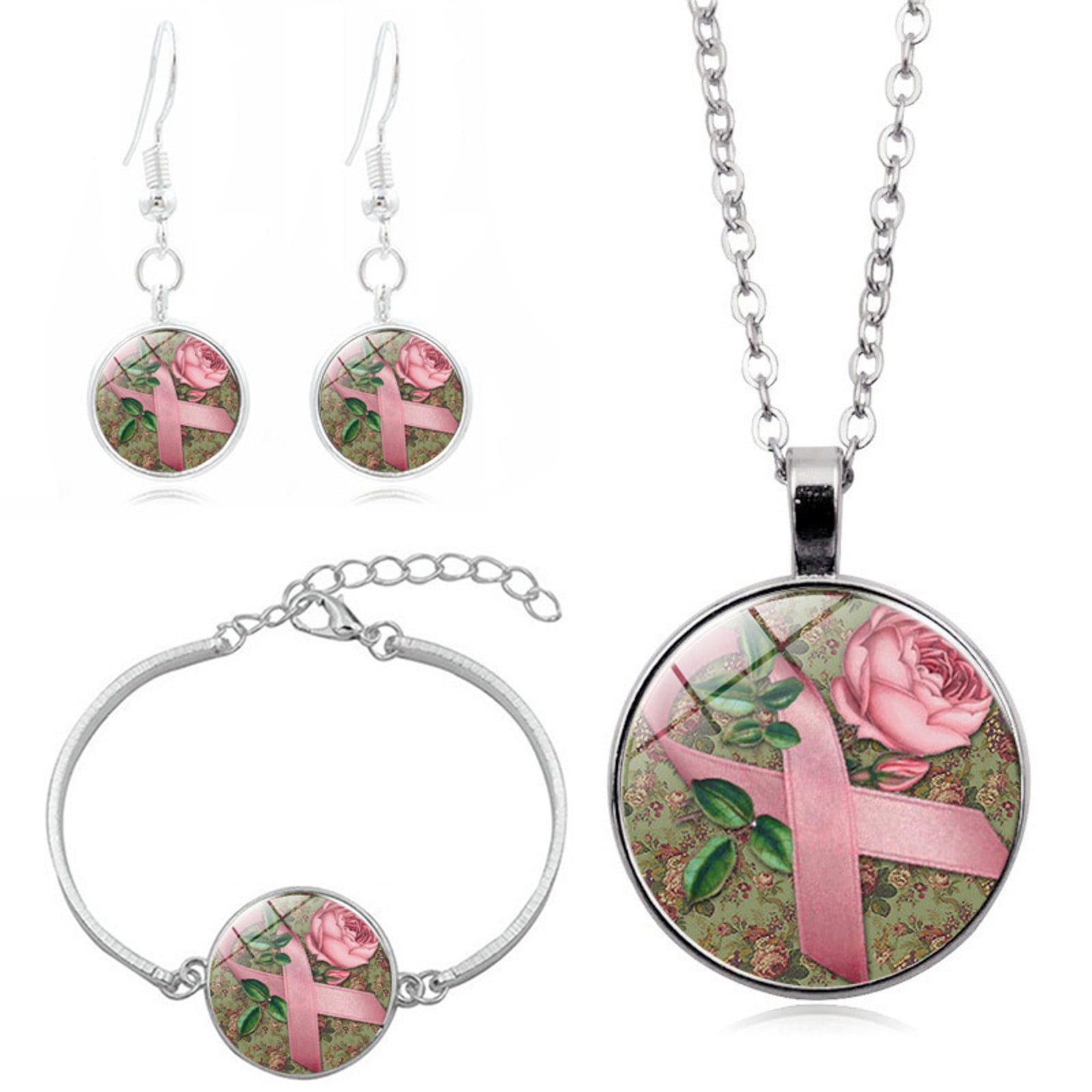 Breast Cancer Awareness Jewelry Set - Pink Ribbon Angel Wing Necklace, Bracelet & Earrings For Women
