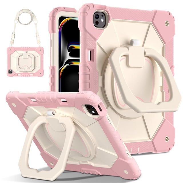 Funda Resistente a Golpes para iPad Pro 11 2025 / 2024, Funda Protectora de Silicona Anti-caída + Capa de PC con Soporte de Asa Cuadrada Giratoria de 360° y Correa para el Hombro, Rosa