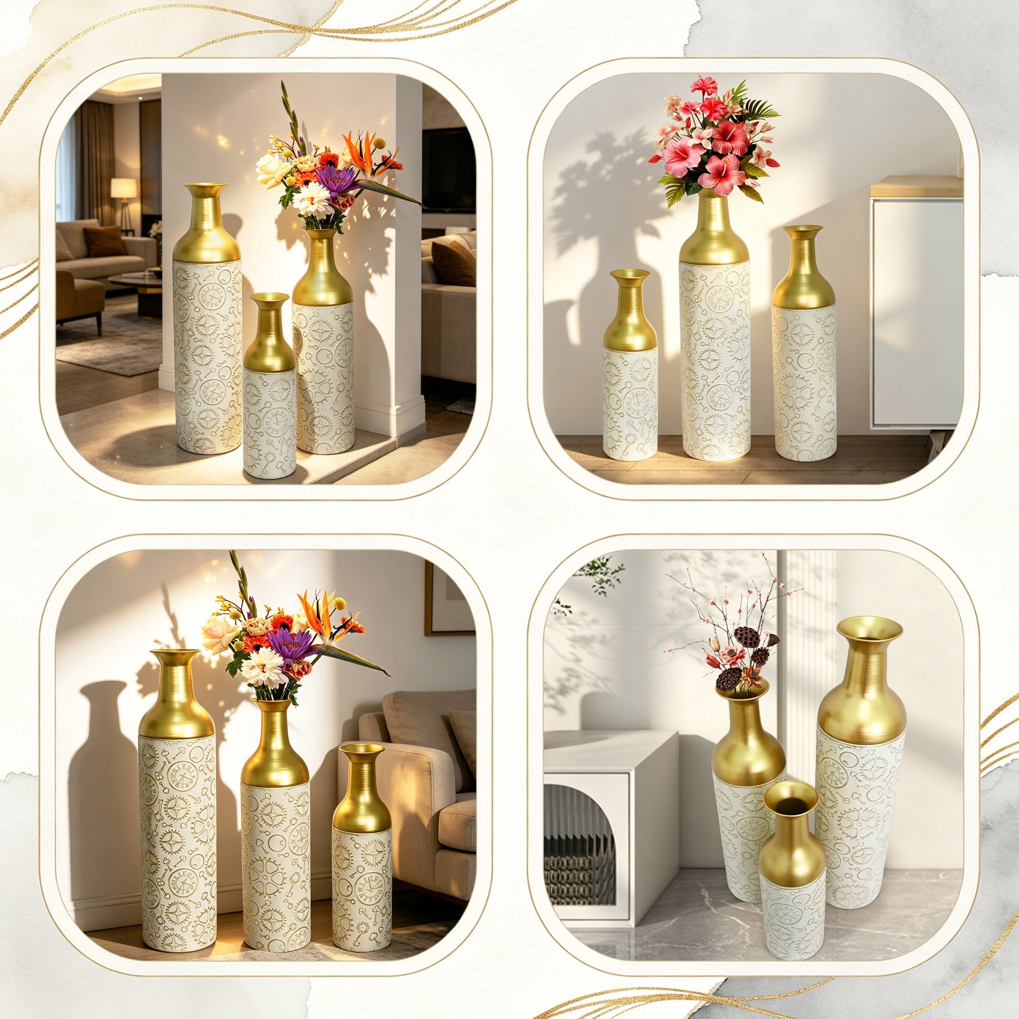 Leumius Decorative Metal Vases Set of 3, Antique White and Gold Leaf Pattern Floor Vases, Antique White and Gold Tall Vases for Home Decor, Living Room Entryway Decor