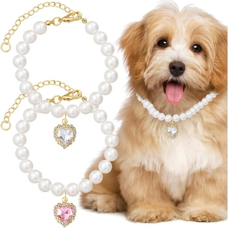 2 Pcs Pearl Cat Dog Collar  Adjustable Rhinestone Pet Necklace  Heart Shape Puppy Jewelry Accessories for Wedding  Party  Birthday - White & Pink