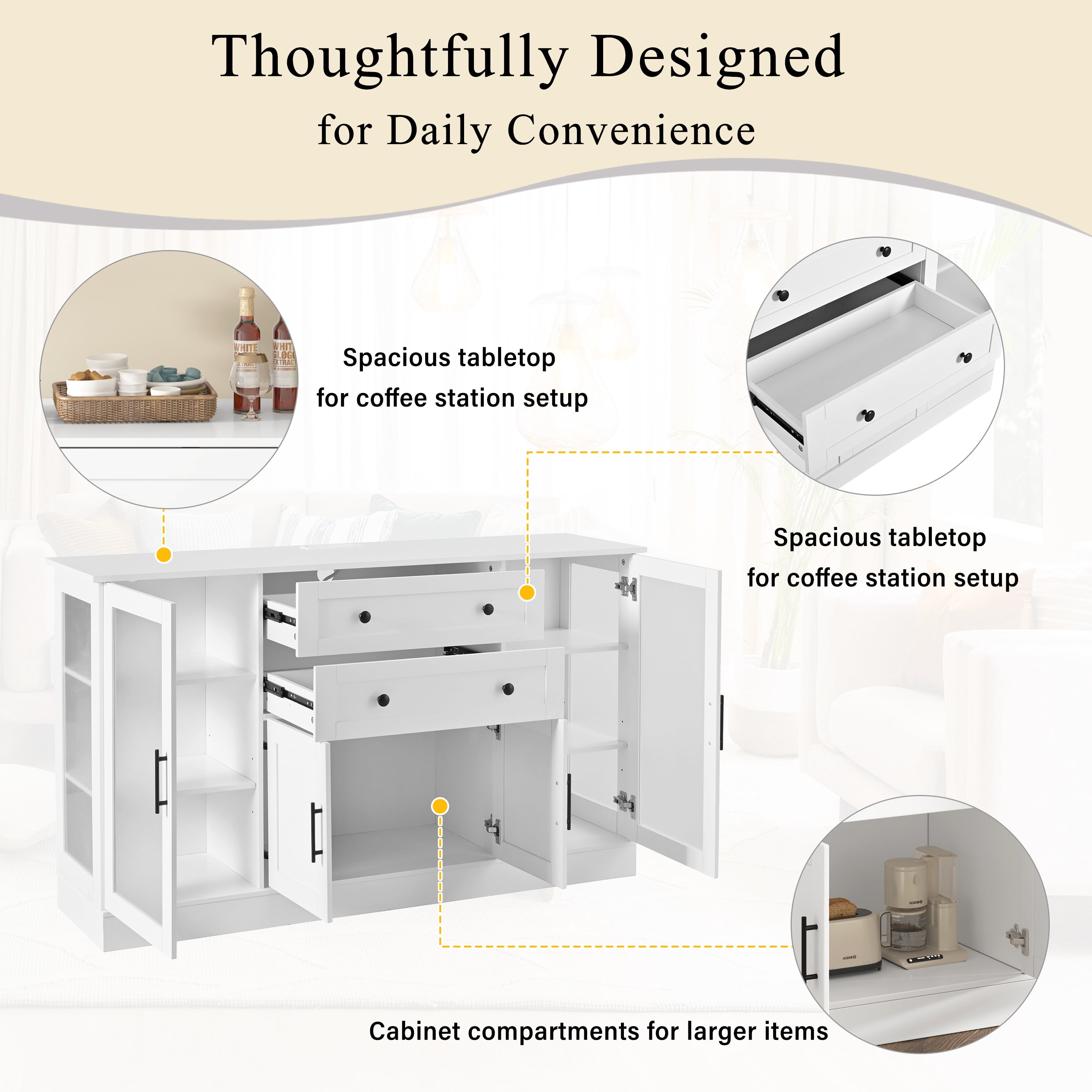 Mintazer 58" Modern Acrylic Sideboard Buffet Cabinet with Power Outlet & Adjustable Shelves, Storage Cabinet with 4 Doors & 2 Drawers for Dining Room Living Room Kitchen, White