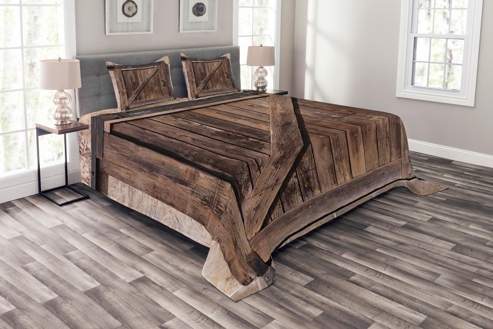 Rustic Bedspread Set Queen Size, Aged Sliding Door with Rustic Texture ...