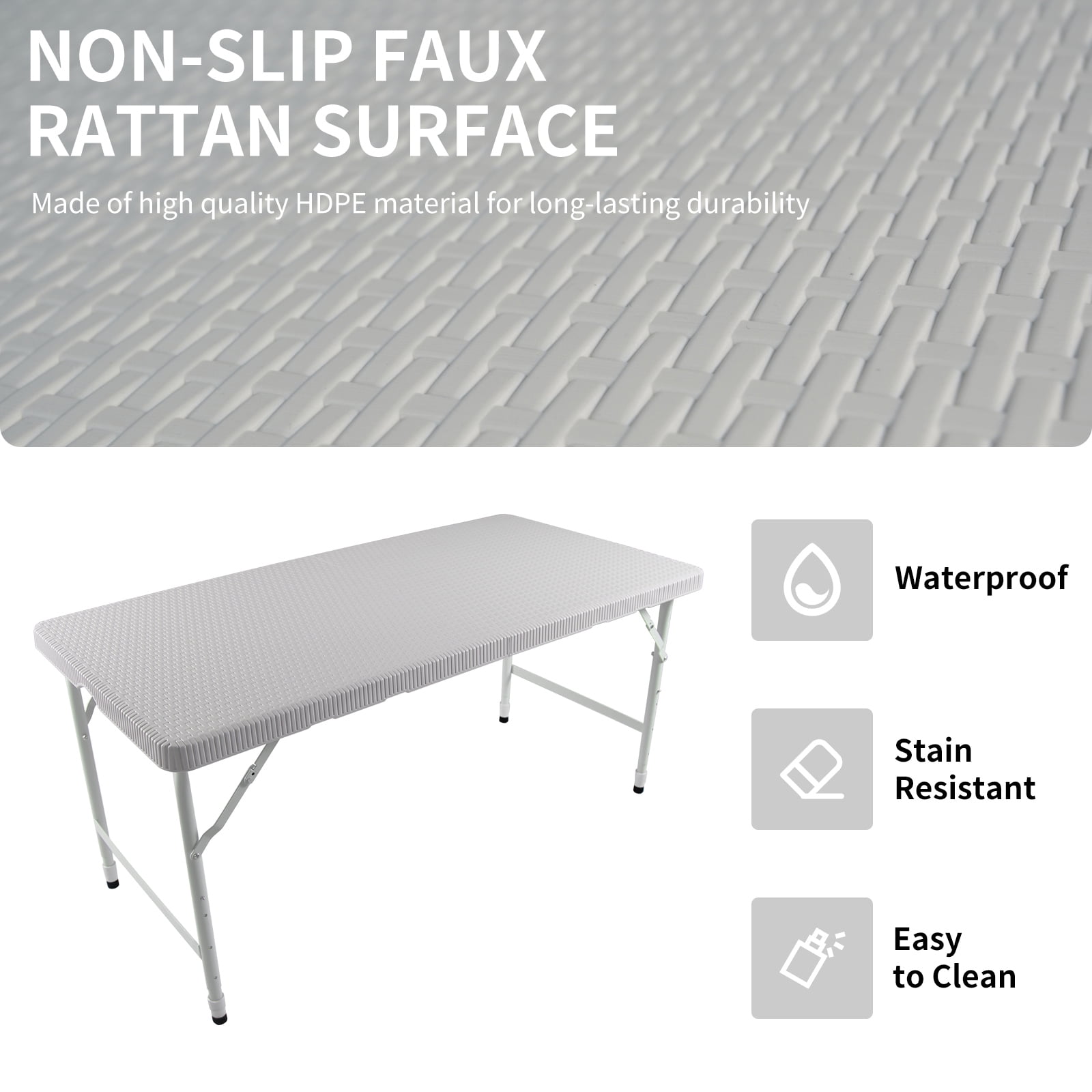 Hommoo 4FT Rattan Folding Table, Plastic Adjustable Portable Foldable Table, Camping Table for Indoor& Outdoor, White