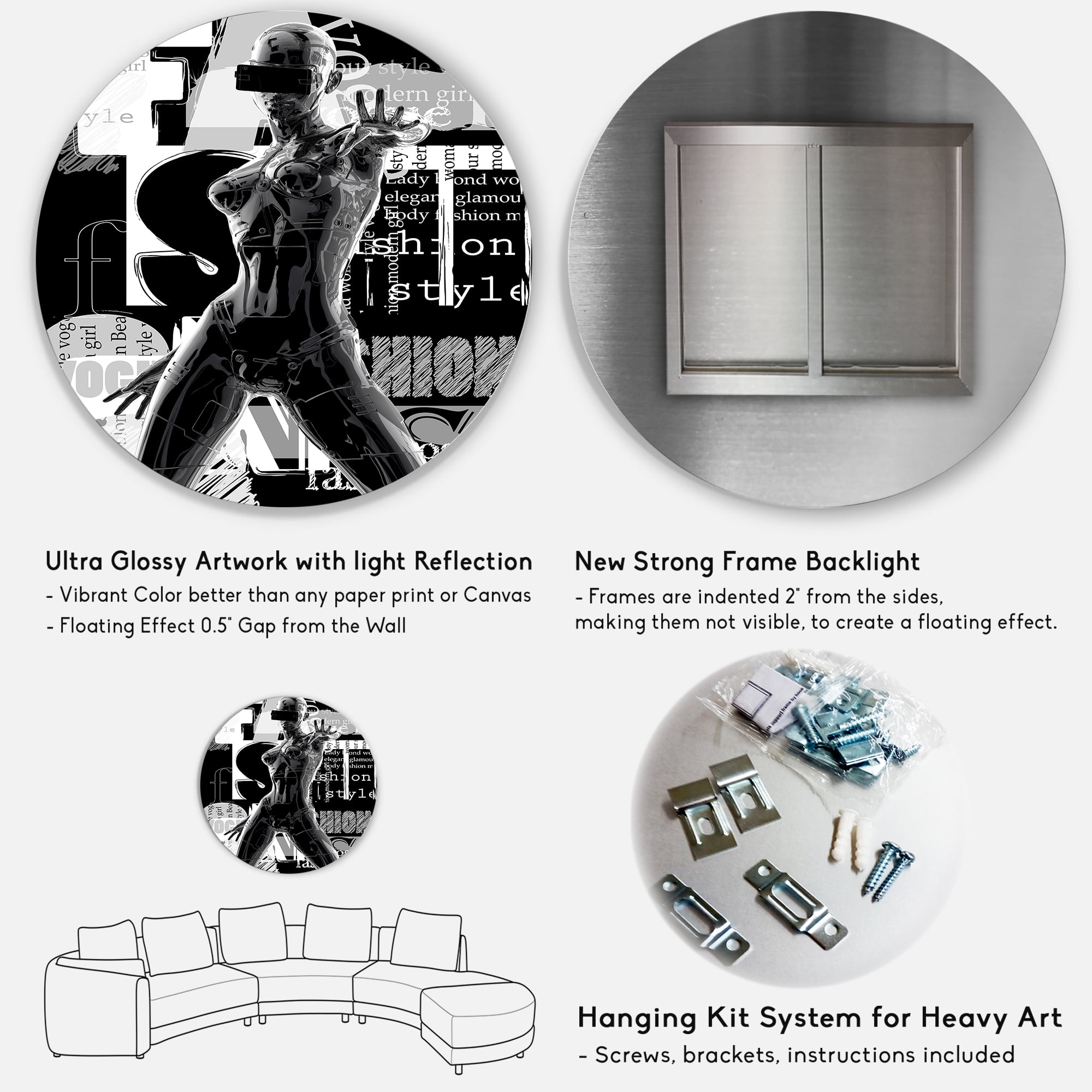 Designart 'Black and White Cyborg Body II' Modern Circle Metal Wall Art 29x29 - Disc of 29