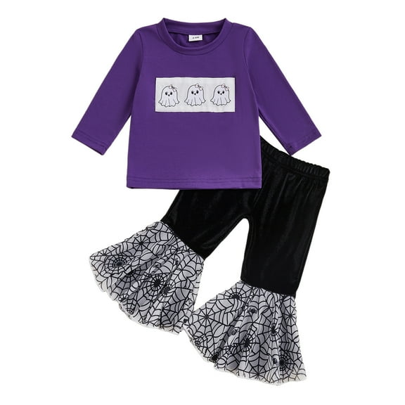 TTUHYWXI Baby Kids Little Girl 2Pcs Halloween Fall Outfits 6 12 24 Months 2T 3T 4T 5T Long Sleeve Floral Print Pullover Tops Flare Pants Set (Purple,2-3 Years)